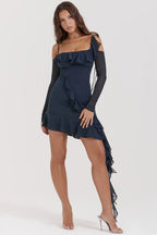 French Vintage Flounce Strap Dress with Irregular Bottom Hem Ribbon
