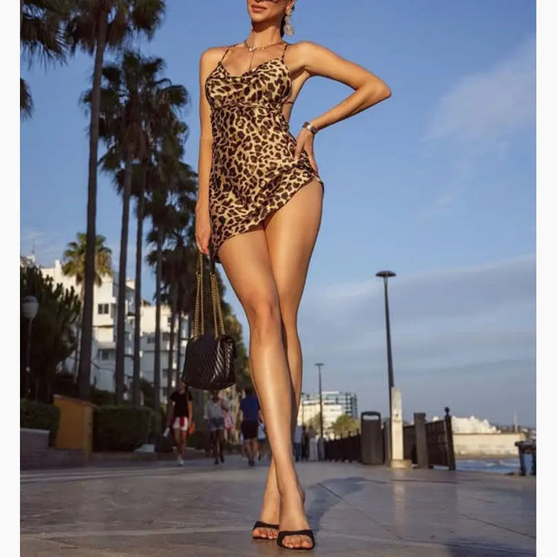 Leopard Print Sleeveless V Neck Sheath Dress Mini