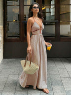 Sea Breeze Striped Deep V Beach Dress With Backless Sleeveless Maxi