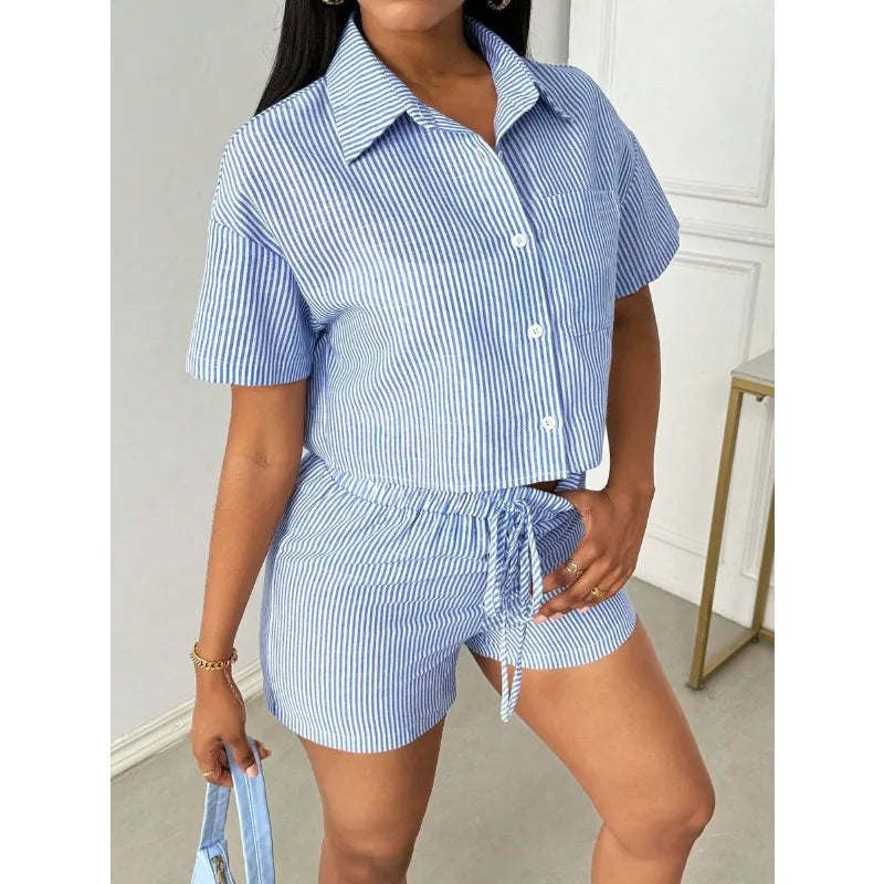 Striped Lapel Shirt And Shorts Two Piece Set