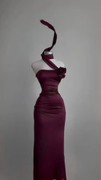 Red Slit Maxi Dress With Figure Flattering Silhouette Waist Cinch Elegant Length And Sophisticated Charm