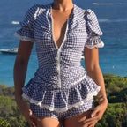 Plaid Vintage Cottage two piece Set With Lace Trim Crop Top And Bodycon Shorts Puff Sleeve