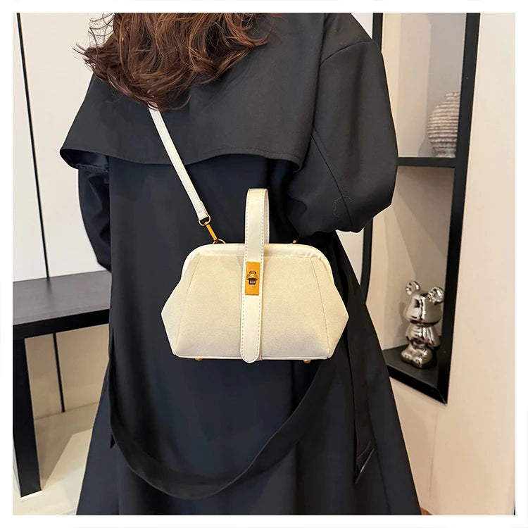 Luxe Faux Suede Frame Shoulder Bag With PU Accent Elegant Crossbody