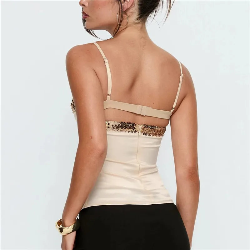 Women Satin Sequin Sweetheart Cami Top