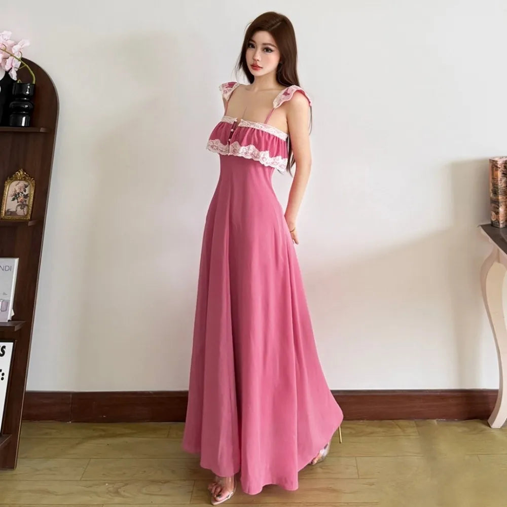 Sweet Style Patchwork Lace Dress With Square Collar Backless Sleeveless Bodycon