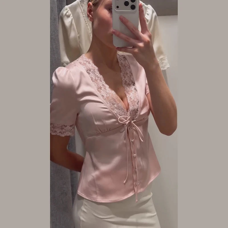 Lace Splicing Female Chic Bow Lace-up V Neck Short Sleeve Shirt