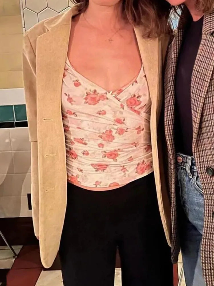 Apricot Floral Mesh Tank Top With V Neck And Ruched Corset Silhouette Sleeveless Crop Cami