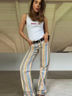 Vivid Multicolor Stripe Wide Leg Jeans With Pockets Low Waist Denim Trousers