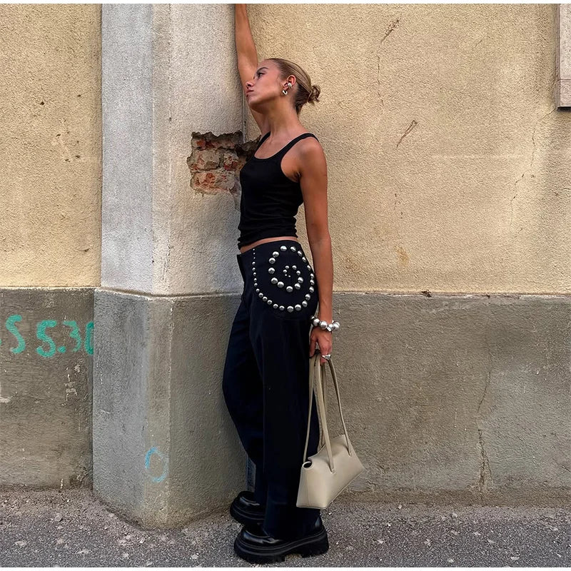 Spiral Rivet Decor Wide Leg Pants With Elastic Waist