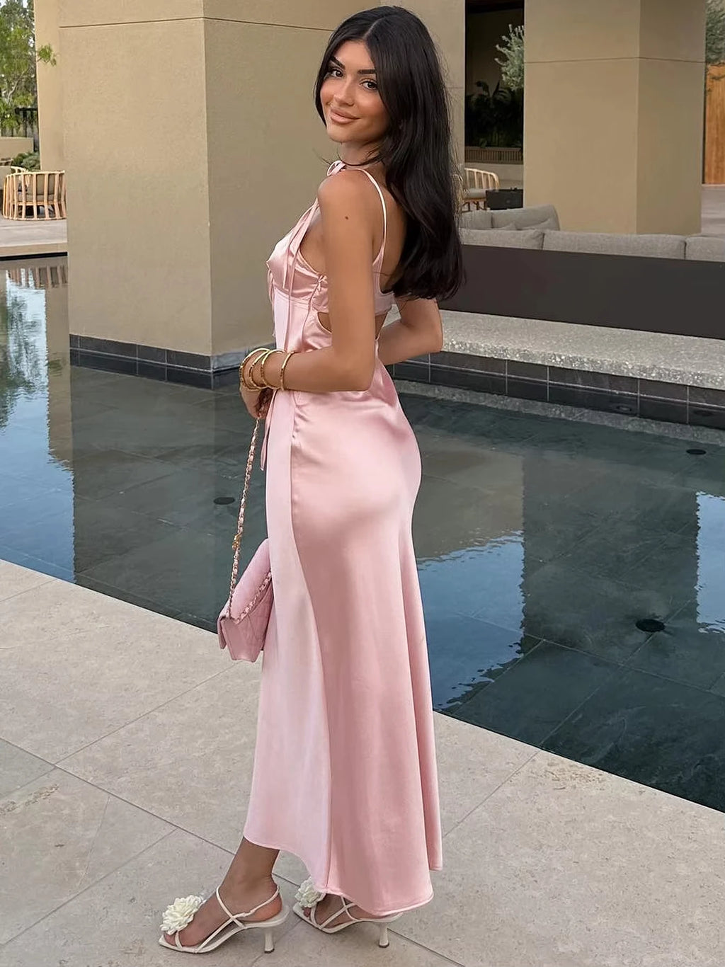 Backless Lace Up Midi Dress With Spaghetti Straps