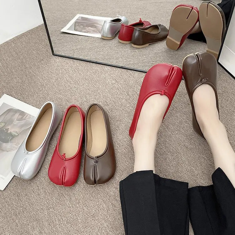 Tabi Style Leather Flats For Women Cozy Split Toe Slip On Shoes