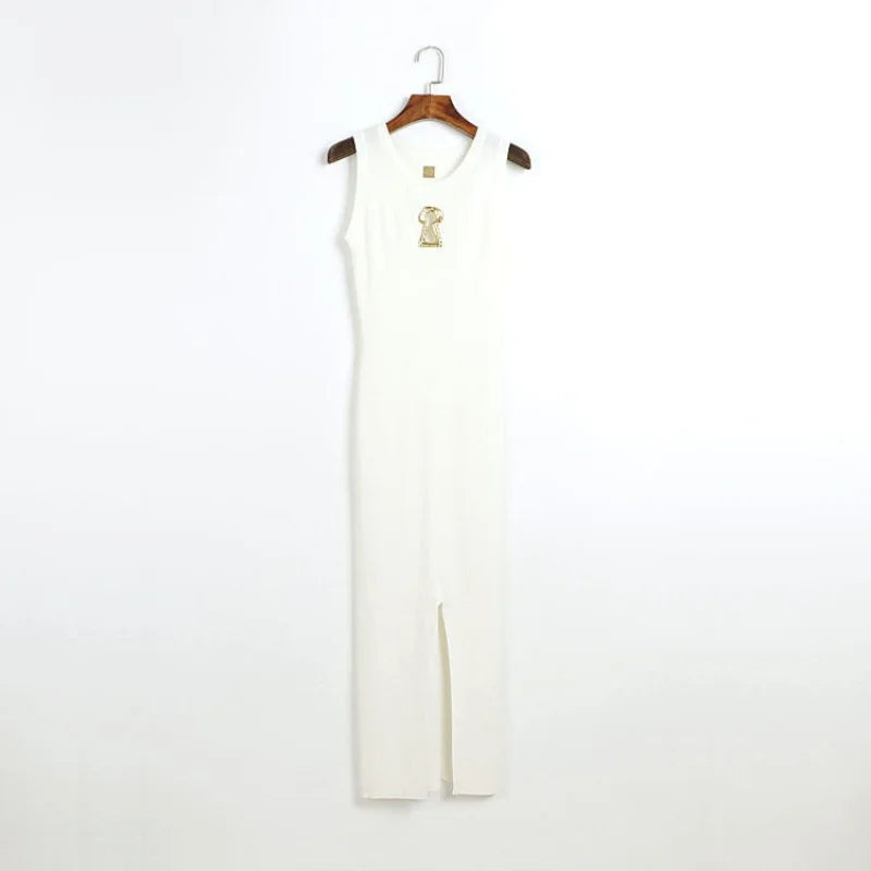 Hollow-Out Knit Vest Dress With Metal Buttons Sleeveless Slit