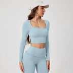 Women Shirts Long Sleeve for Yoga Crop Top Square Neck Workout Clothing with Chest Pads Fitness