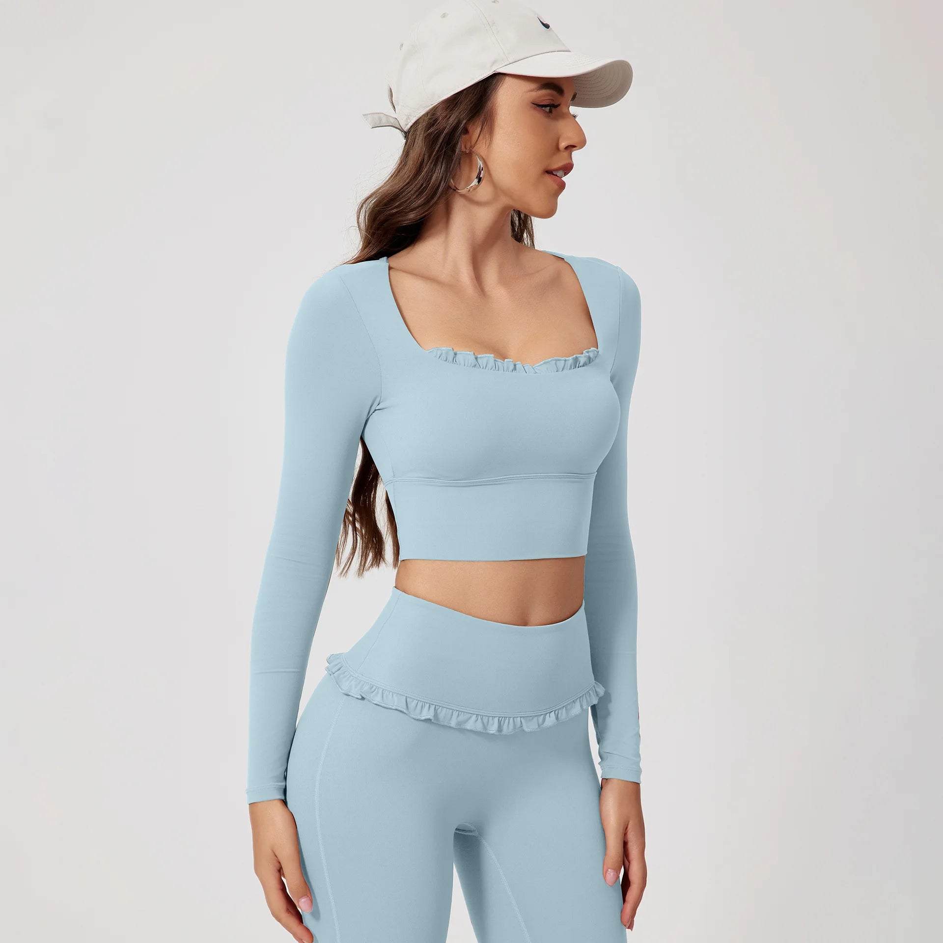 Women Shirts Long Sleeve for Yoga Crop Top Square Neck Workout Clothing with Chest Pads Fitness