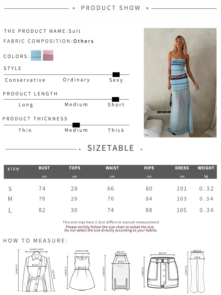 Striped Knit Two Piece Set With Mesh Patchwork Long Skirt
