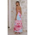 Sunlit Breeze Printed Strap Maxi Dress With V Neck Backless