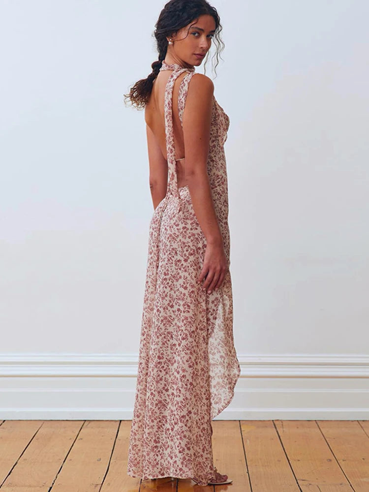 Floral Lace Up Chiffon Maxi Dress With Side Slit Backless
