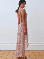 Floral Lace Up Chiffon Maxi Dress With Side Slit Backless