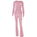 Ribbed Knit Two Piece Tracksuit Set With Hooded Crop Top And Elastic Zippered Pants