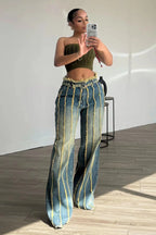Wide Leg High Waist Denim Jeans For Women Chic Streetwear Straight Trousers With Drawstring