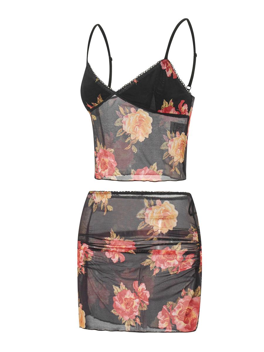 Floral Print Two Piece V Neck Cami Top With Elastic Waist Mini Skirt Set