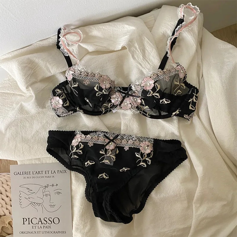 Lace Set With Embroidered Details Two-piece Sheer Push Up Bra And Matching Briefs