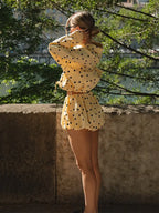 Yellow Polka Dot Pleated Set With Balloon Shorts And Cropped Top
