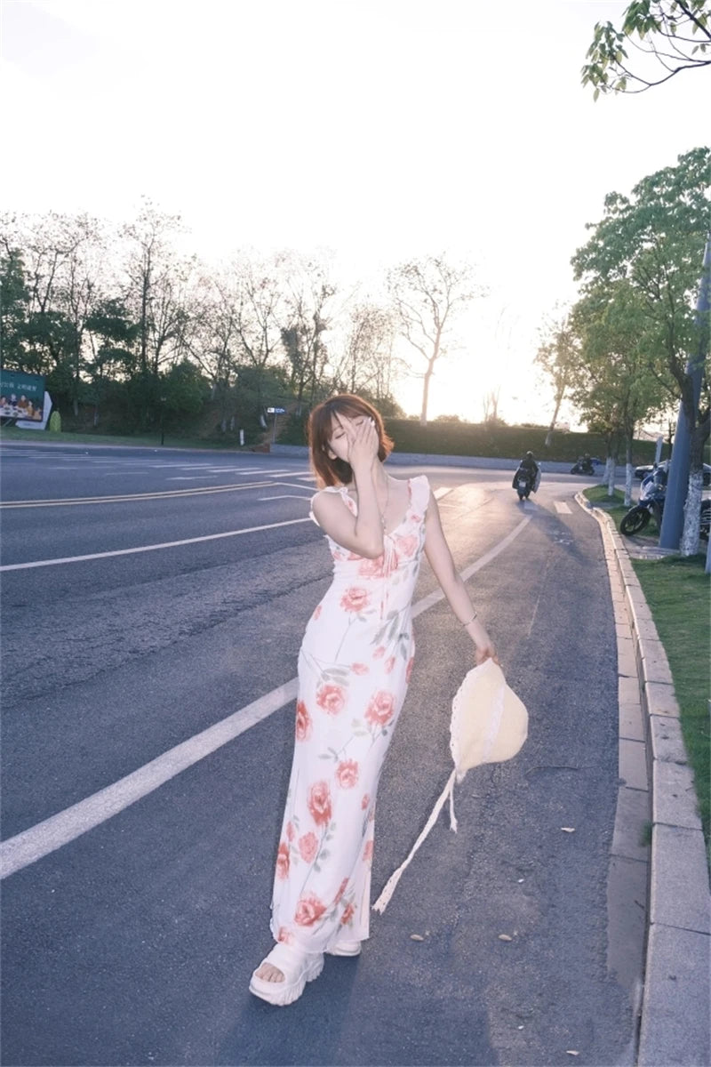 Rose Print Reverie Backless Fishtail Midi Dress With Tiered Ruffles And V Neck