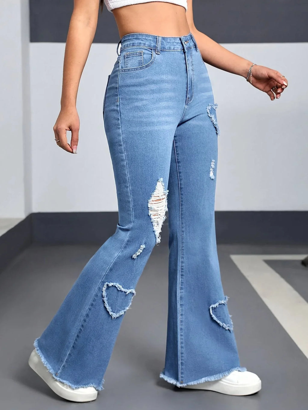 Heart Shaped Flared Jeans For Women High Waist Elastic Denim Y2K Retro