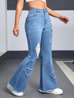 Heart Shaped Flared Jeans For Women High Waist Elastic Denim Y2K Retro