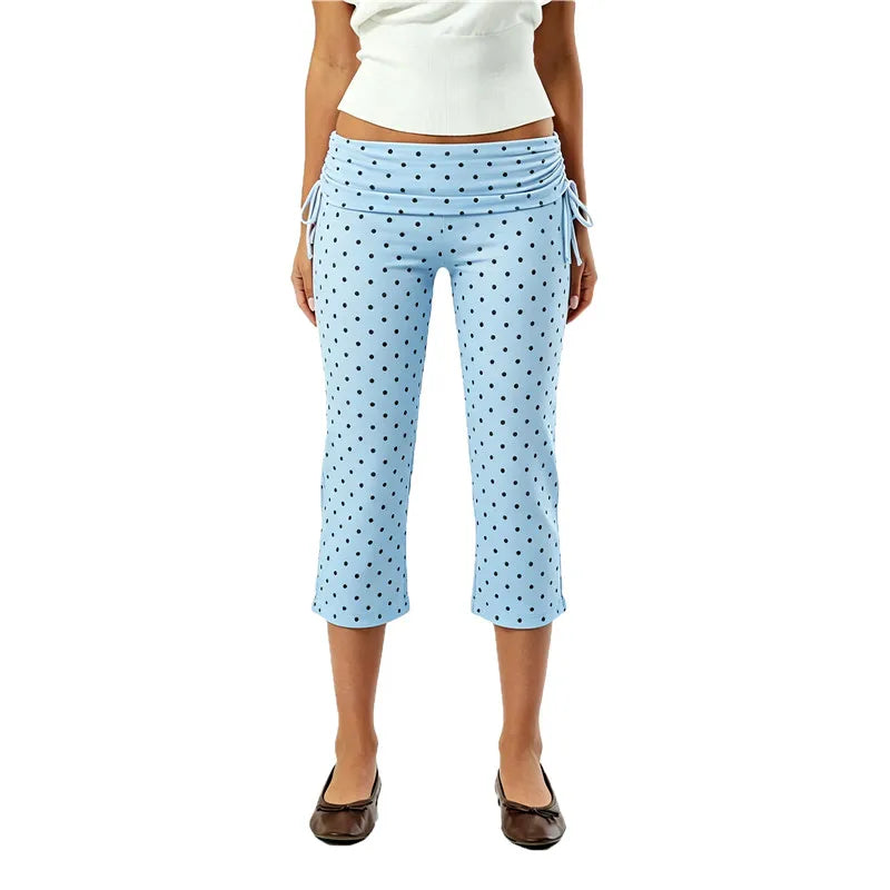 High-Waist Capri Pants With Fold-Over Waist Adjustable Drawstring Tie Detail