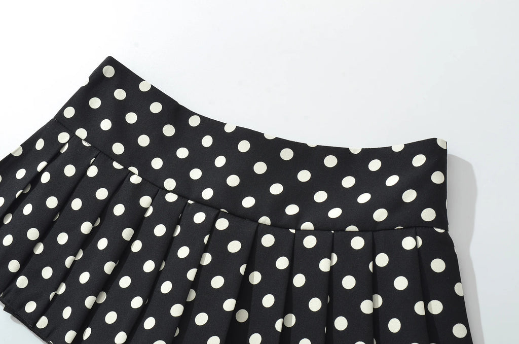 Black Polka Dot Pleated Mini With Shorts Lining Low Waist Skater Style Button Details
