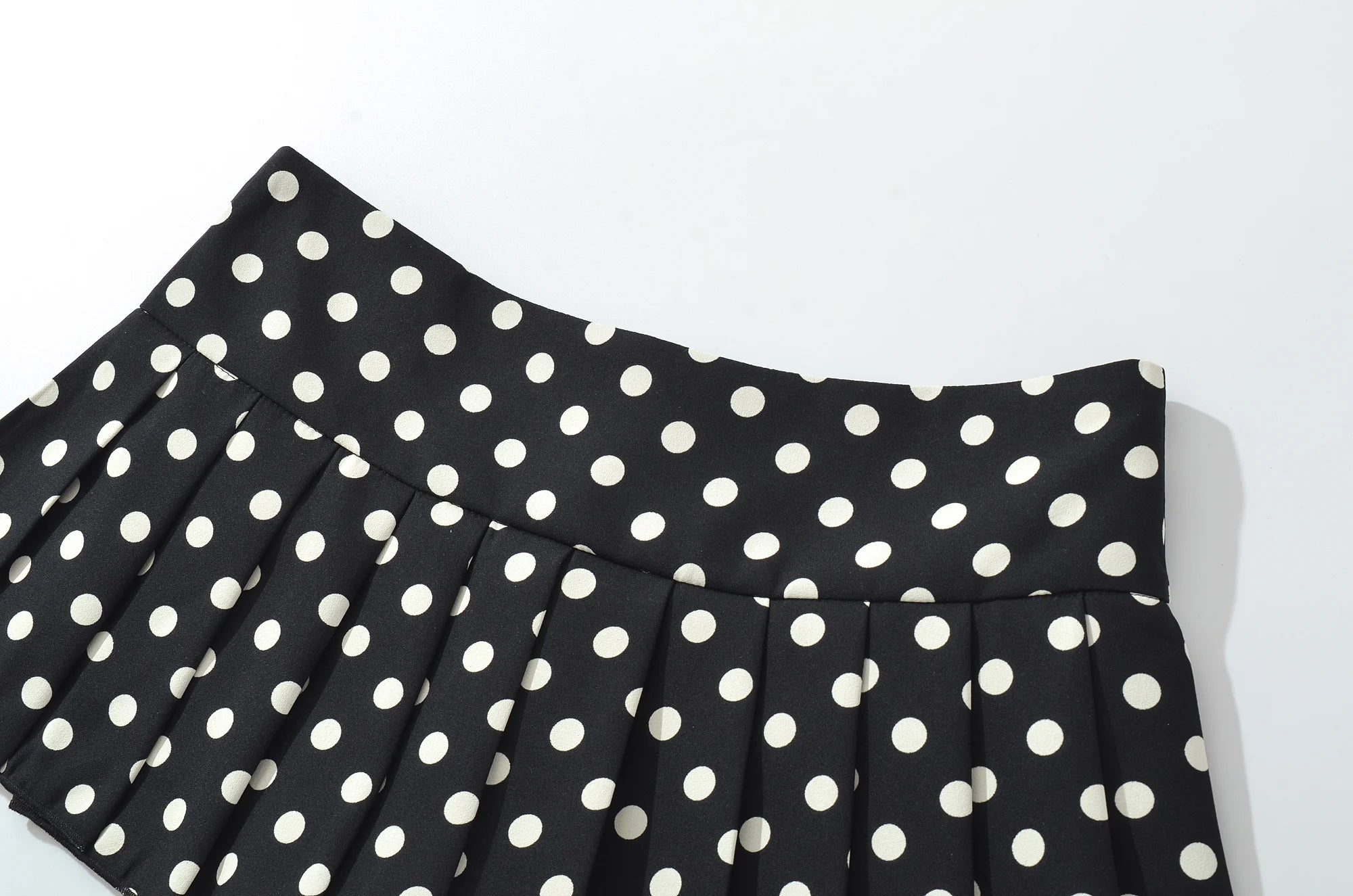 Black Polka Dot Pleated Mini With Shorts Lining Low Waist Skater Style Button Details