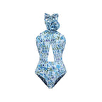 3D Flower Cutout One Piece Swimsuit With Skirt Push Up Slimming Beachwear