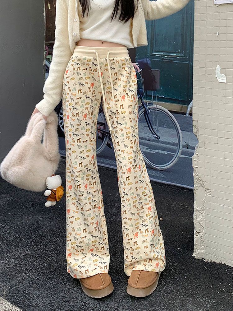 Cozy Puppy Print High Waist Fleece-Lined Flared Leg Pants