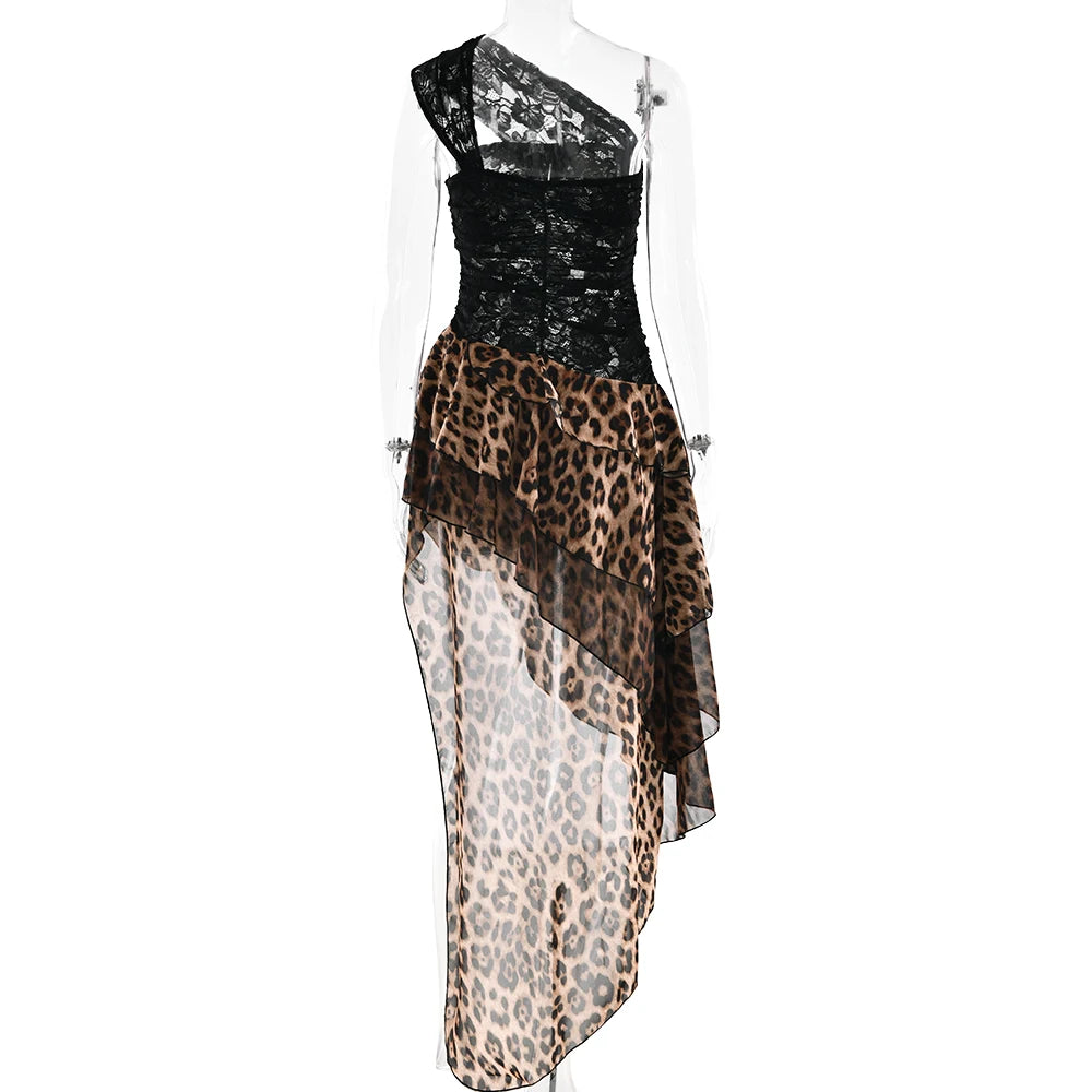 Leopard Patchwork Lace Dress One Shoulder With Ruffle Sheer Elegance