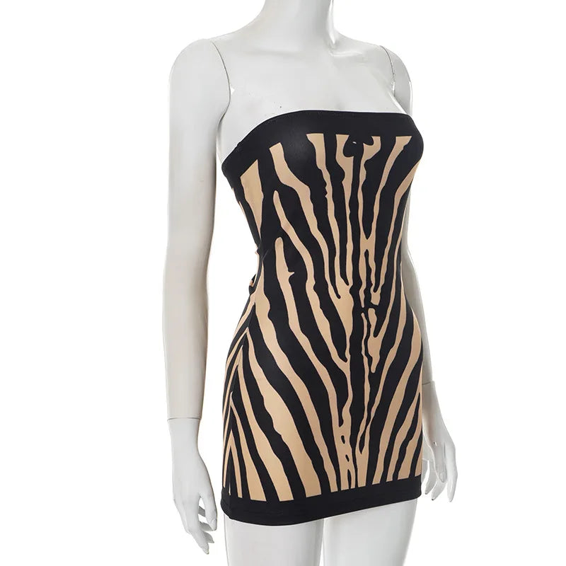 Backless Zebra Striped Strapless A Line Bodycon Mini Dress
