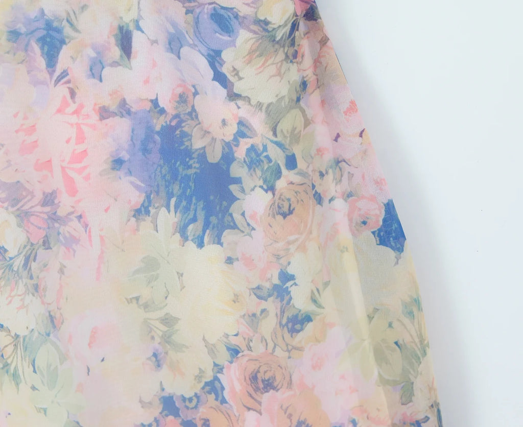 Gradient Floral Ruffles Chiffon Dress With V Neck Backless