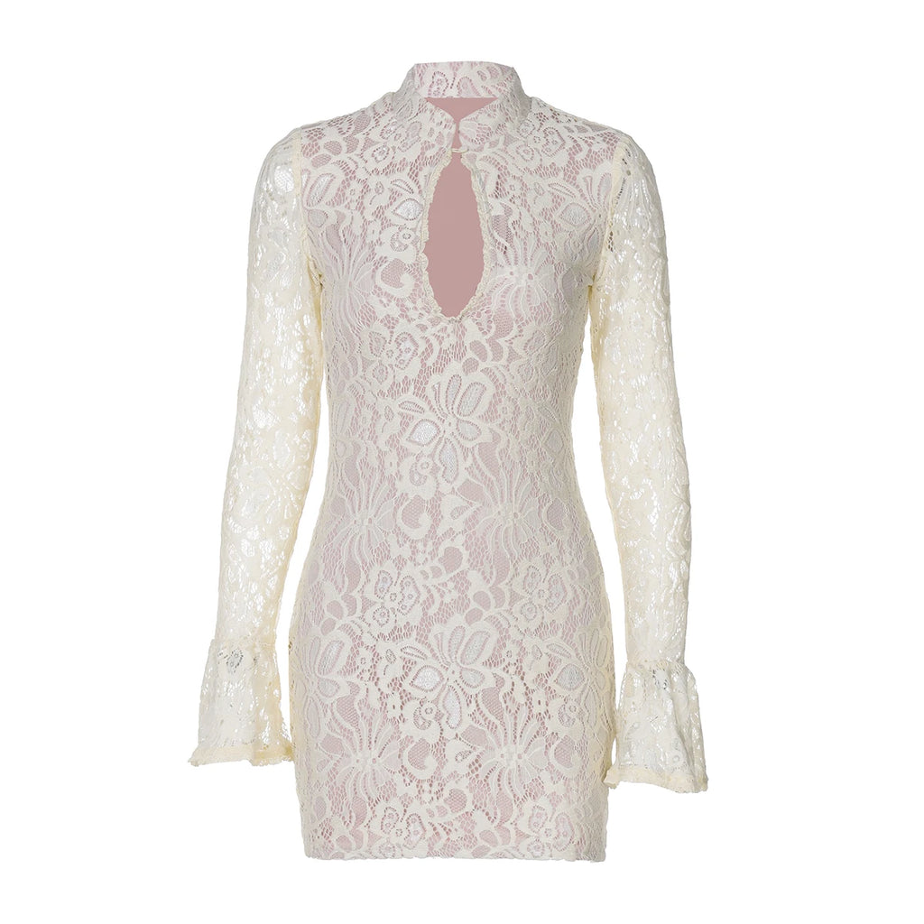 Lace Patchwork Hollow Out Mini Dress With Turtleneck And Long Flare Sleeves