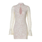 Lace Patchwork Hollow Out Mini Dress With Turtleneck And Long Flare Sleeves