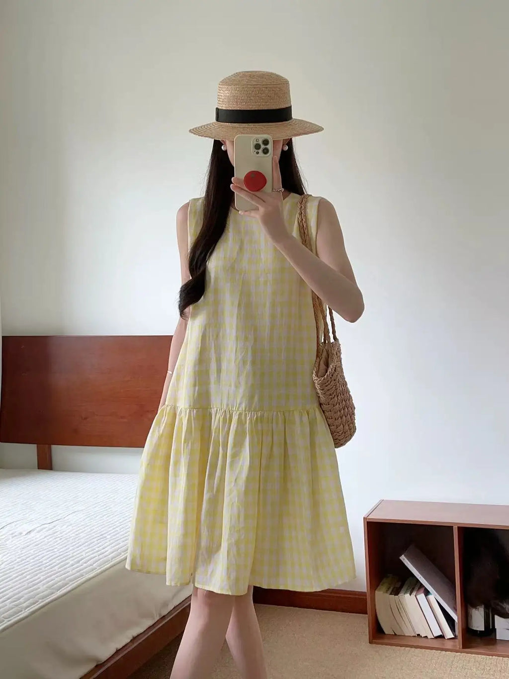 Sunny Plaid Cotton Dress Sleeveless Round Neck Vacation Dress