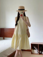 Sunny Plaid Cotton Dress Sleeveless Round Neck Vacation Dress