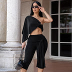 Irregular One Shoulder Crop Top And Capri Pants Set