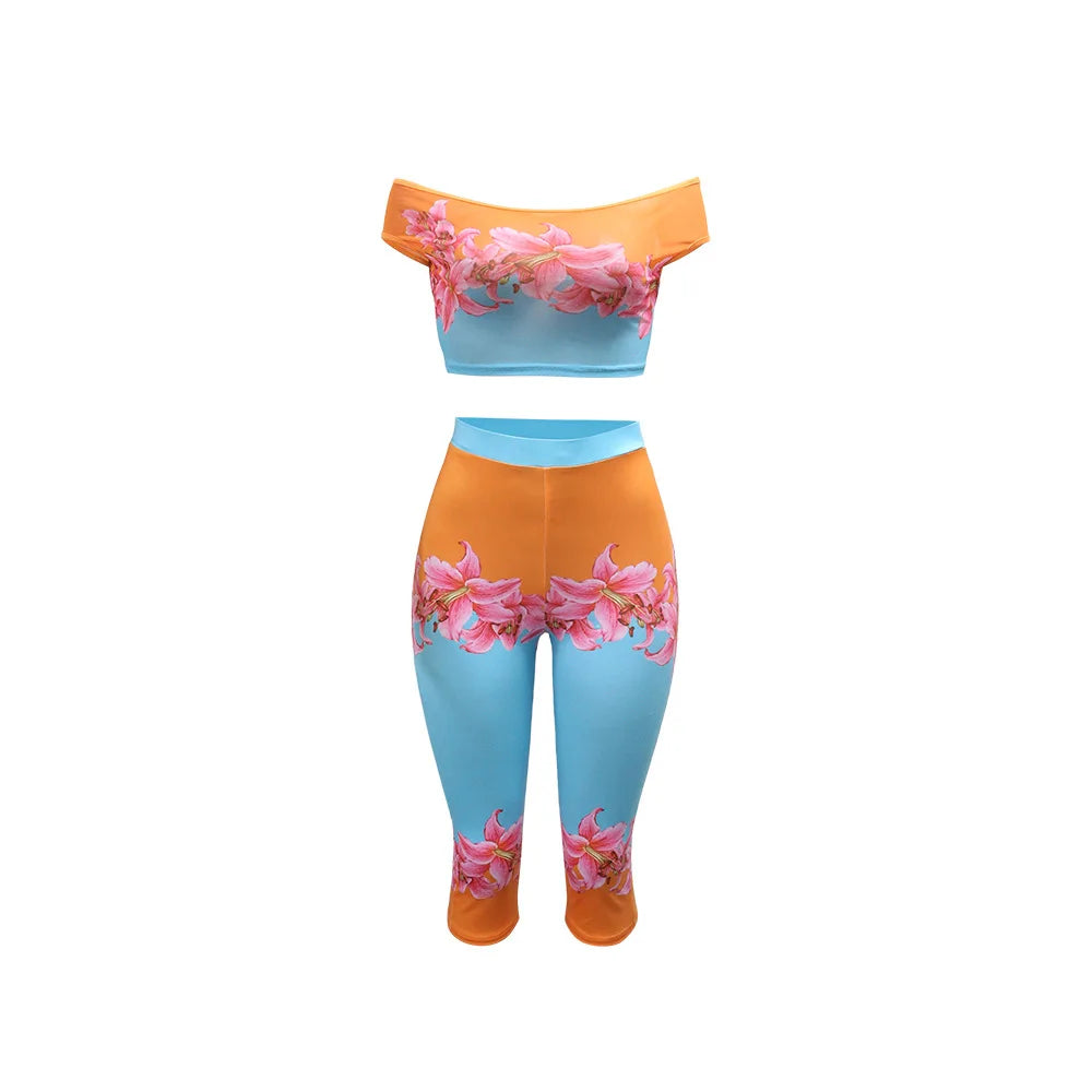 Floral Off Shoulder Crop Top And High Waist Capri Set For Summer Streetwear Vibe