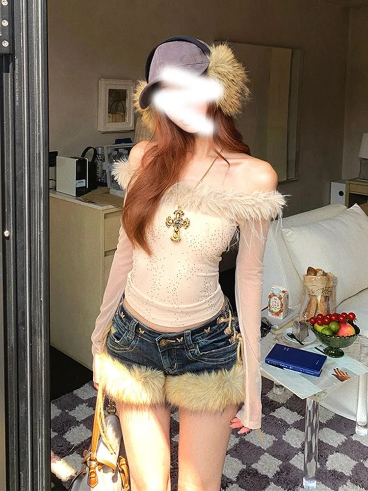 Retro Fluffy Spliced Denim Shorts With Strap Details Low Rise Fit