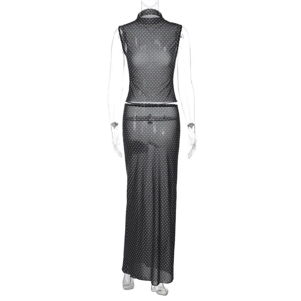 Vintage Polka Dot Dress Set With See Through Top And Long Skirt For Summer Parties