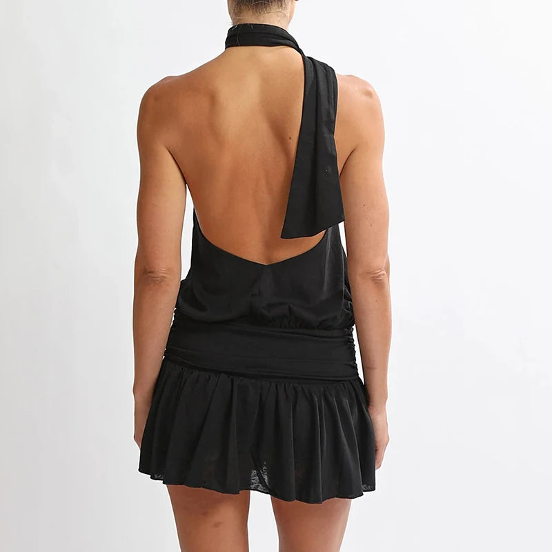 Vintage Polka Dot Backless Halter Dress With Ruffles And Pleated Skirt
