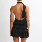 Vintage Polka Dot Backless Halter Dress With Ruffles And Pleated Skirt