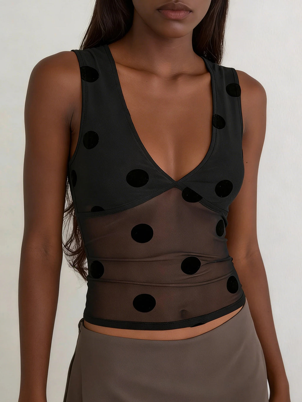 Polka Dot Sheer Mesh Crop Top With Sequins For Women Flirty Tank Blouse Shimmering Lightweight