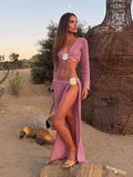 Knit Two Piece Beach Cover Set With V Neck Long Sleeve Lace Up Top And Slit Skirt